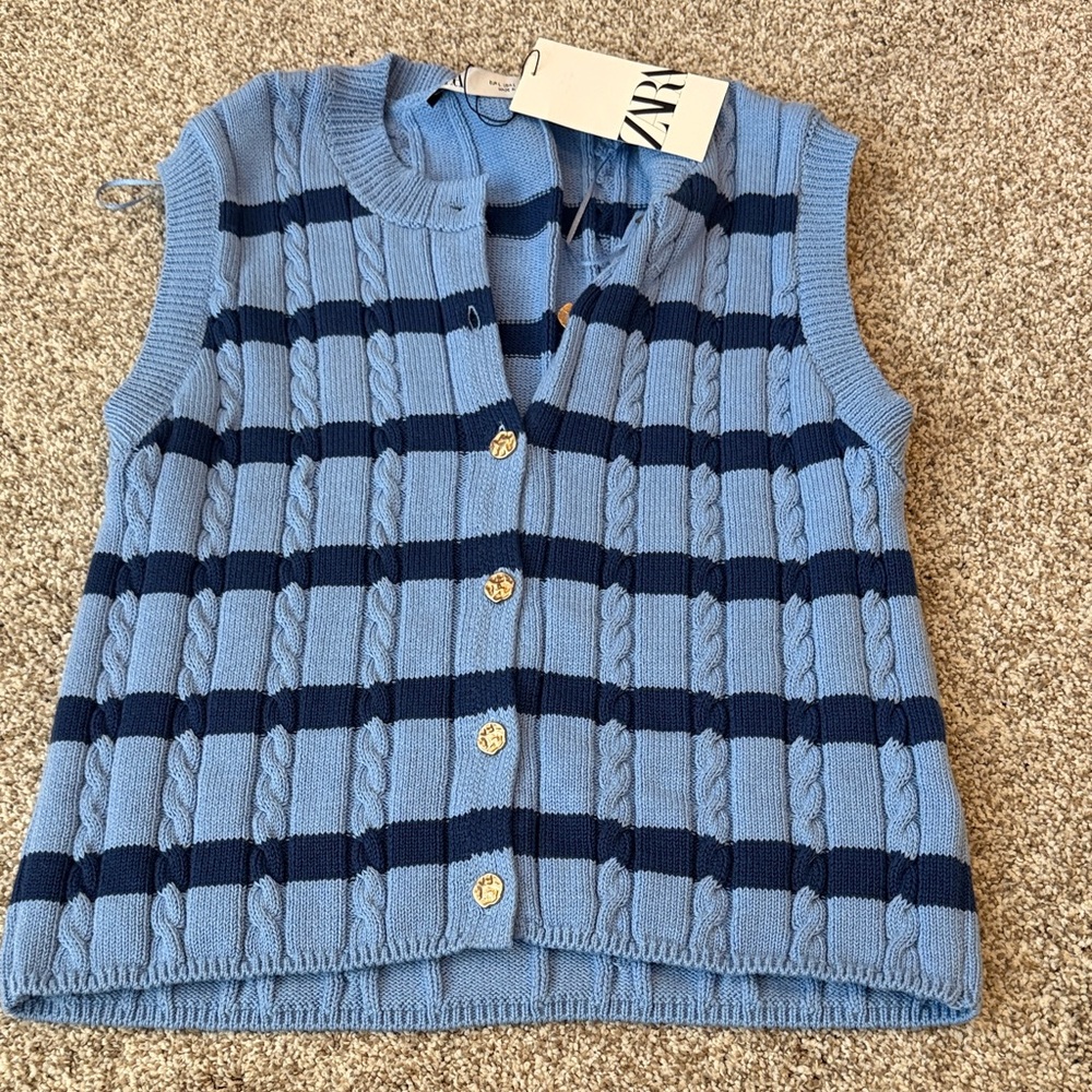 Zara Blue Striped Knit Vest